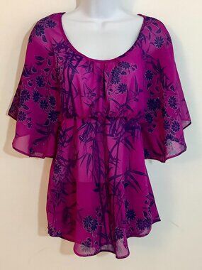 Top Sheer Wine Color Floral Print Elegant Peplum Scoop Neck Flowing Sleeve S/P